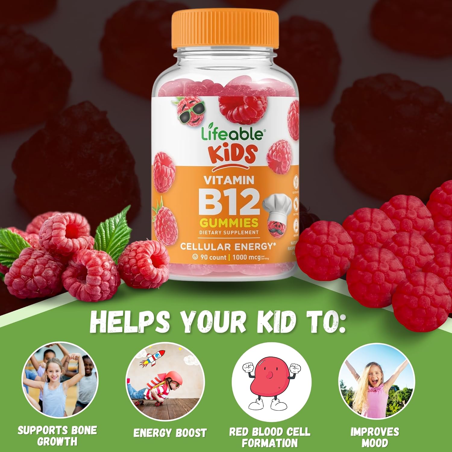 Lifeable Kids Vitamin B12 Gummies Bundle - 90 ct Bottle, Gluten Free, Non GMO, Chewable Dietary Supplement with Good For My Home Box