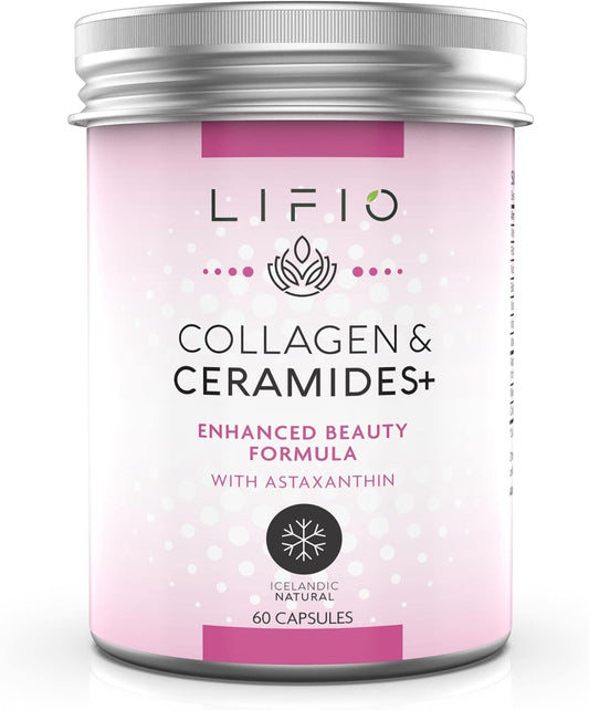 Lifio Collagen & Ceramides+ Beauty Supplement with Astaxanthin, Biotin, Vitamins A, B2, B3, B12, C & D - 60 Capsules, Non-GMO & Gluten-Free