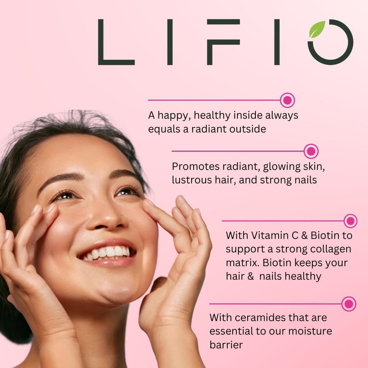 Lifio Collagen & Ceramides+ Beauty Supplement with Astaxanthin, Biotin, Vitamins A, B2, B3, B12, C & D - 60 Capsules, Non-GMO & Gluten-Free