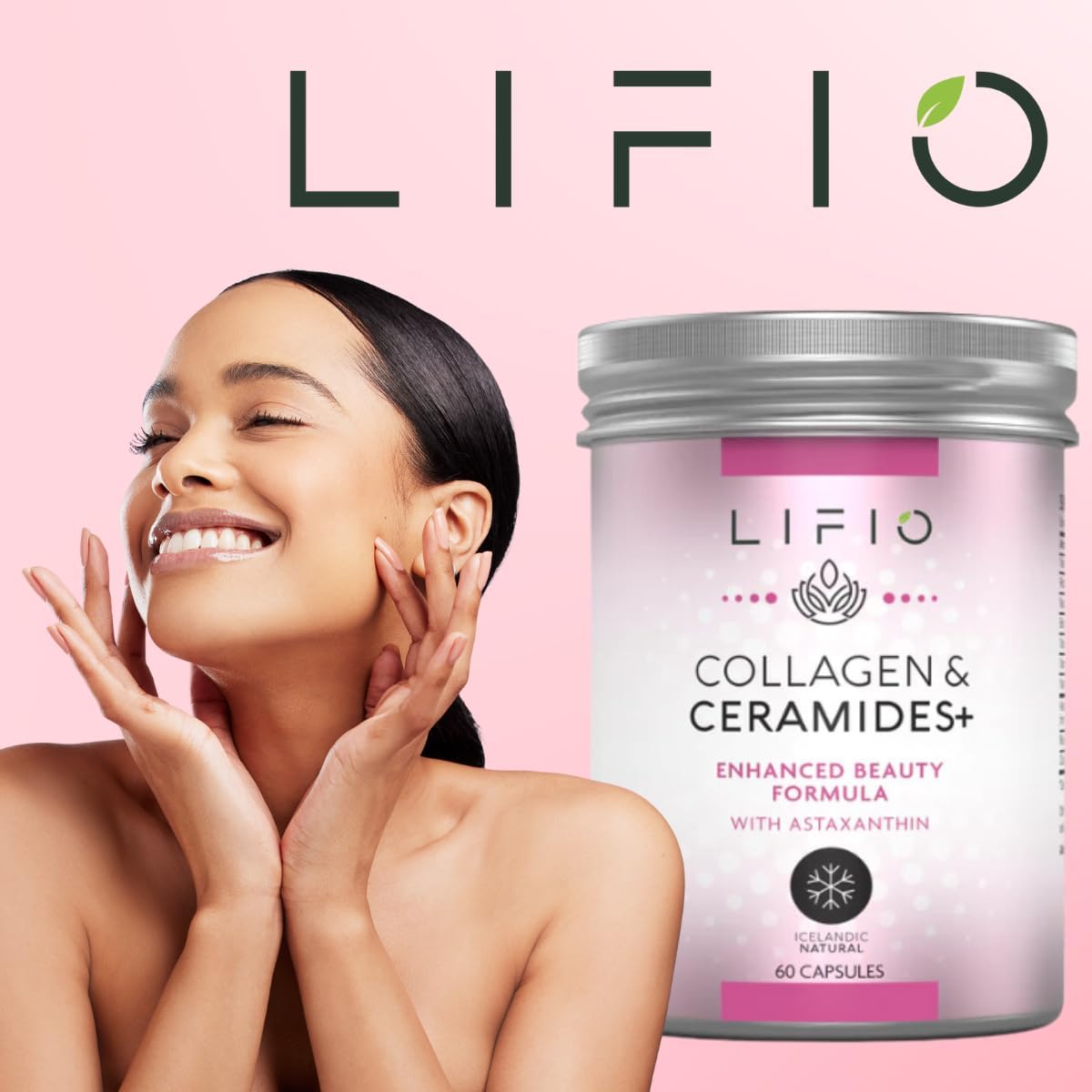 Lifio Collagen & Ceramides+ Beauty Supplement with Astaxanthin, Biotin, Vitamins A, B2, B3, B12, C & D - 60 Capsules, Non-GMO & Gluten-Free