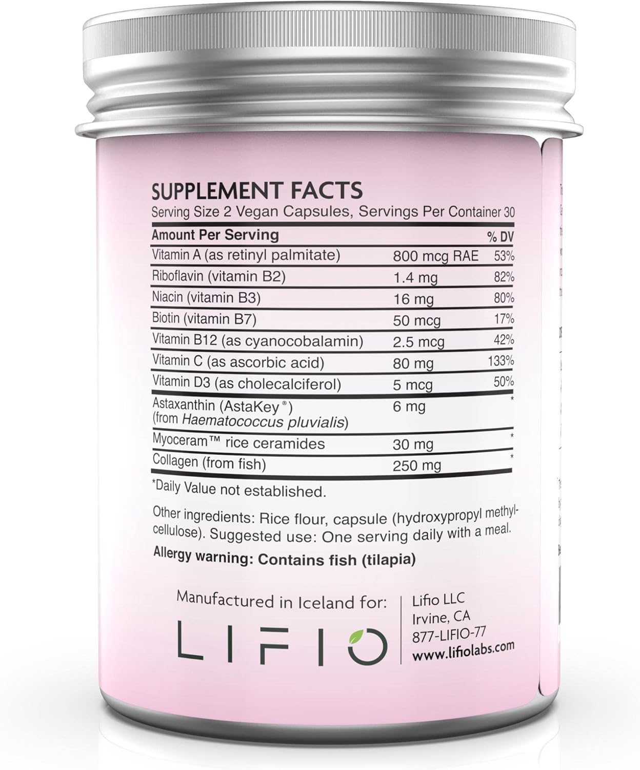 Lifio Collagen & Ceramides+ Beauty Supplement with Astaxanthin, Biotin, Vitamins A, B2, B3, B12, C & D - 60 Capsules, Non-GMO & Gluten-Free