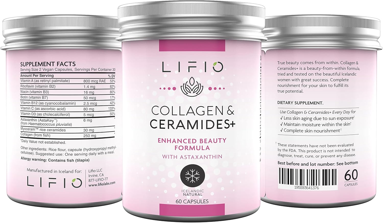Lifio Collagen & Ceramides+ Beauty Supplement with Astaxanthin, Biotin, Vitamins A, B2, B3, B12, C & D - 60 Capsules, Non-GMO & Gluten-Free