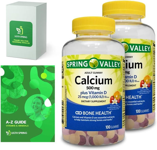 LightSpring Spring Valley Adult Calcium Plus Vitamin D Gummies, 500mg, 1000 IU, Assorted Flavors, 100 Ct (2 Pack) Bundle with Exclusive A to Z Vitamins & Minerals - Better Light&Spring Guide (3 Items)
