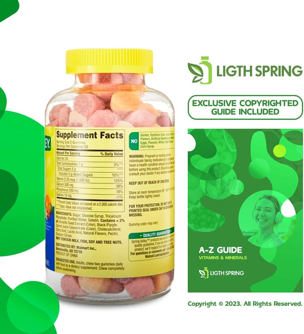 LightSpring Spring Valley Adult Calcium Plus Vitamin D Gummies, 500mg, 1000 IU, Assorted Flavors, 100 Ct (2 Pack) Bundle with Exclusive A to Z Vitamins & Minerals - Better Light&Spring Guide (3 Items)