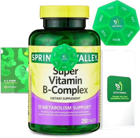 LightSpring Super Vitamin B-Complex Tablets Bundle with Dietary Supplement and Guide - 250 Tablets