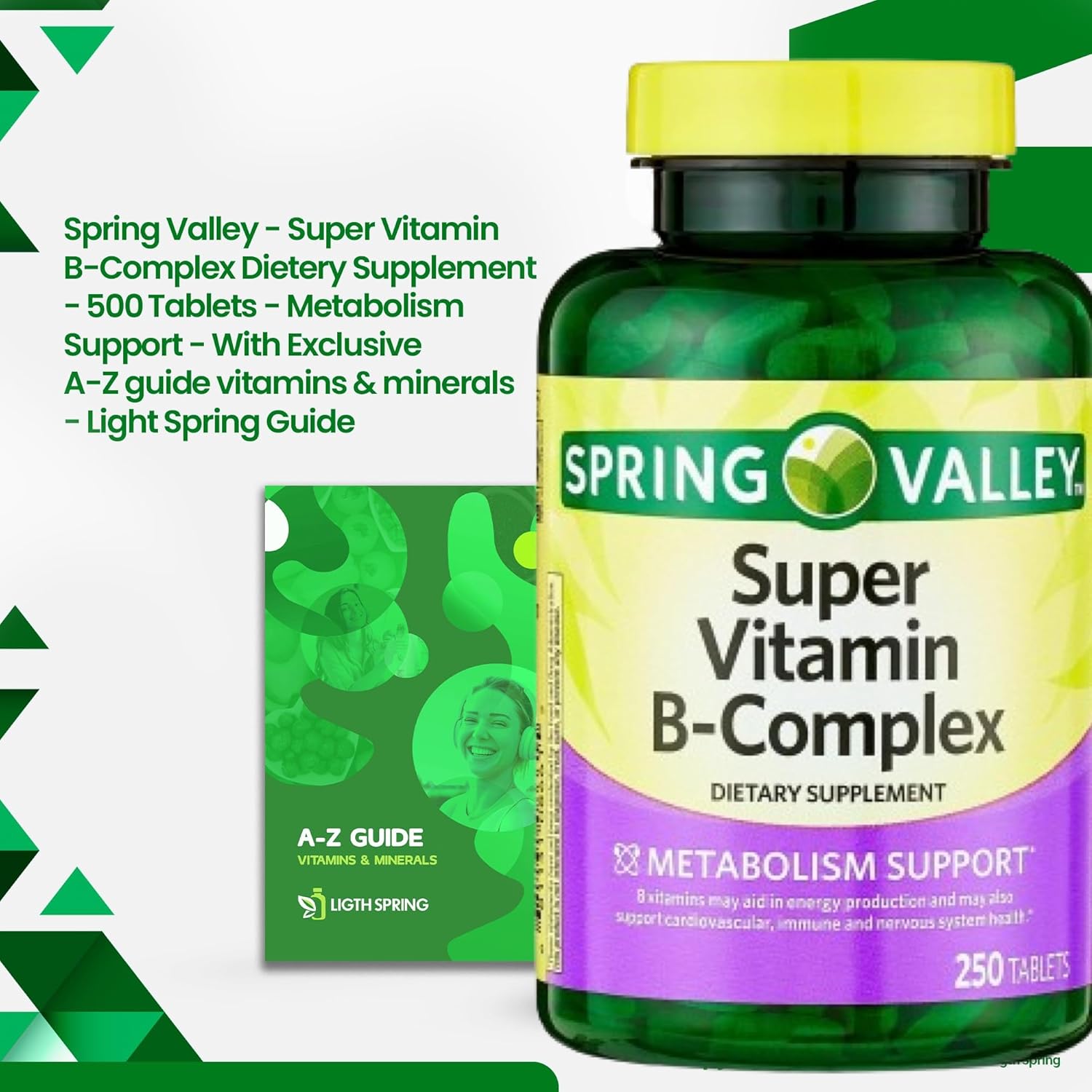 LightSpring Super Vitamin B-Complex Tablets Bundle with Dietary Supplement and Guide - 250 Tablets