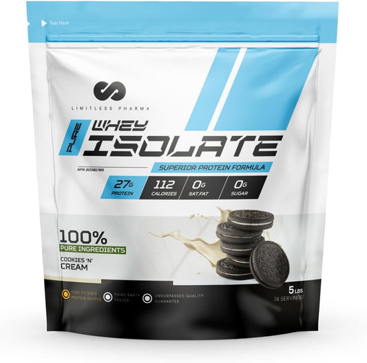 Limitless Pharma Pure Whey Isolate Protein Powder - High Protein, Low Carb, Sugar & Gluten Free - 74 Servings, 5LB (Cookies & Cream)