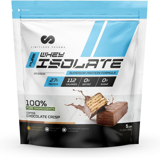 Limitless Pharma Pure Whey Isolate Protein Powder - 27g Protein, 6g BCAAs - Sugar Free, Gluten Free, Low Carb, Low Lactose - Coffee Chocolate Crisp - 74 Servings, 5LB