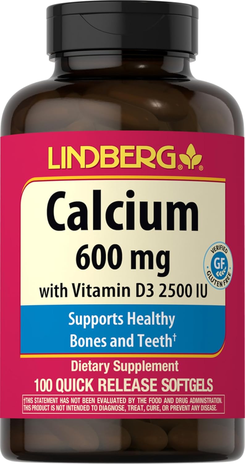 Lindberg Calcium + Vitamin D3 Softgels for Women & Men - 600 mg, 100 ct - Non-GMO, Gluten Free - Quick Release Formula