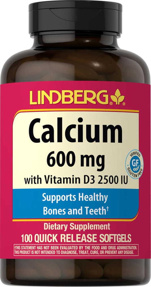 Lindberg Calcium + Vitamin D3 Softgels for Women & Men - 600 mg, 100 ct - Non-GMO, Gluten Free - Quick Release Formula