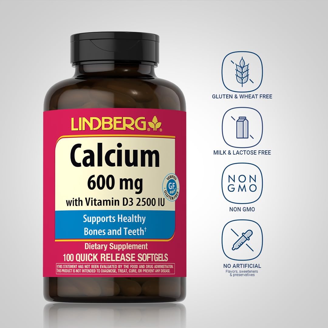 Lindberg Calcium + Vitamin D3 Softgels for Women & Men - 600 mg, 100 ct - Non-GMO, Gluten Free - Quick Release Formula