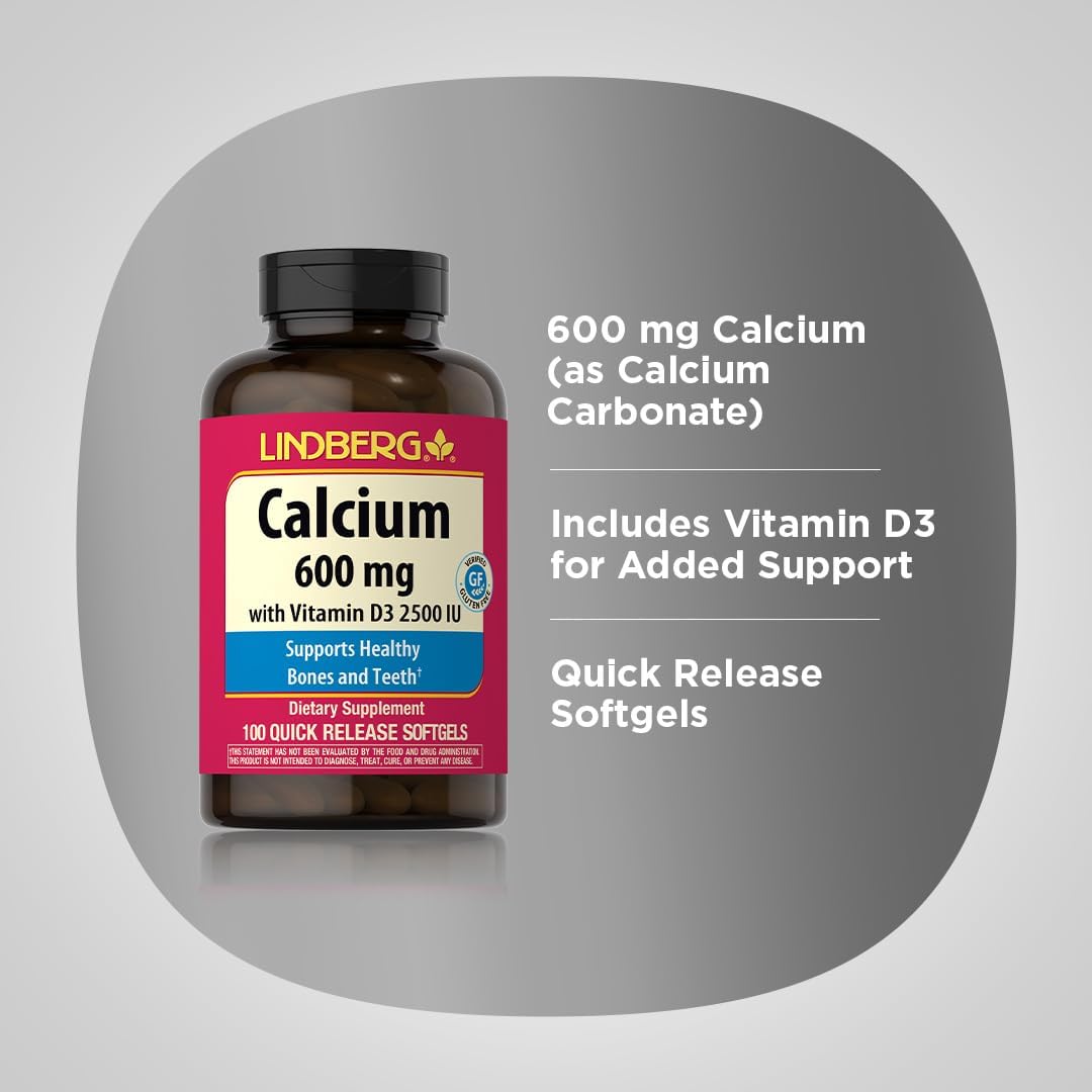Lindberg Calcium + Vitamin D3 Softgels for Women & Men - 600 mg, 100 ct - Non-GMO, Gluten Free - Quick Release Formula