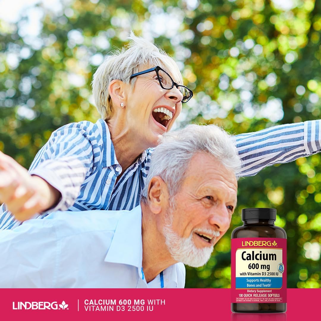 Lindberg Calcium + Vitamin D3 Softgels for Women & Men - 600 mg, 100 ct - Non-GMO, Gluten Free - Quick Release Formula