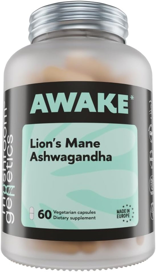Lions Mane & Ashwagandha Mushroom Supplement Capsules for Brain, Memory & Stress Relief - Fruiting Body & Root Blend for Focus, Energy & Wellness - 60 Capsules