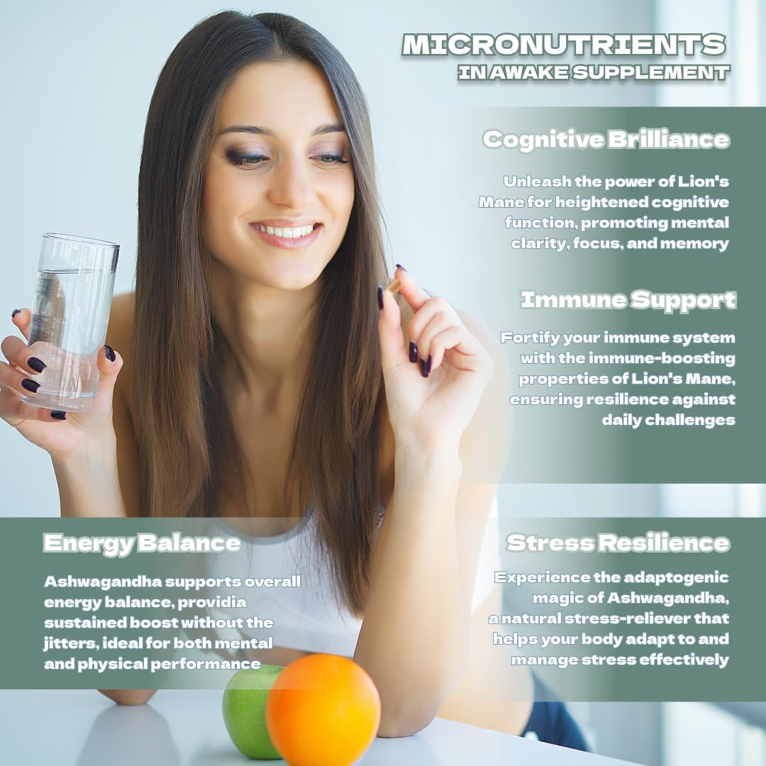 Lions Mane & Ashwagandha Mushroom Supplement Capsules for Brain, Memory & Stress Relief - Fruiting Body & Root Blend for Focus, Energy & Wellness - 60 Capsules