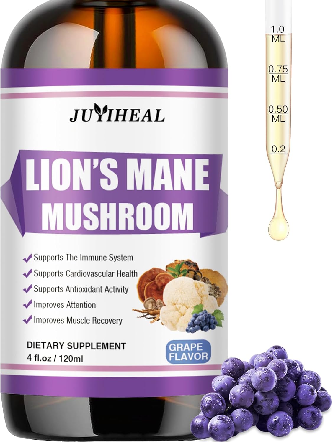 Lions Mane Liquid Supplement for Brain Support & Focus - Sugar & Alcohol-Free Tincture - 4 Fl OZ, Grape Flavor - 4 Month Supply
