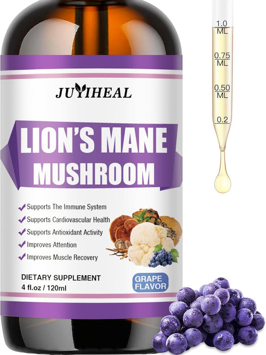 Lions Mane Liquid Supplement for Brain Support & Focus - Sugar & Alcohol-Free Tincture - 4 Fl OZ, Grape Flavor - 4 Month Supply