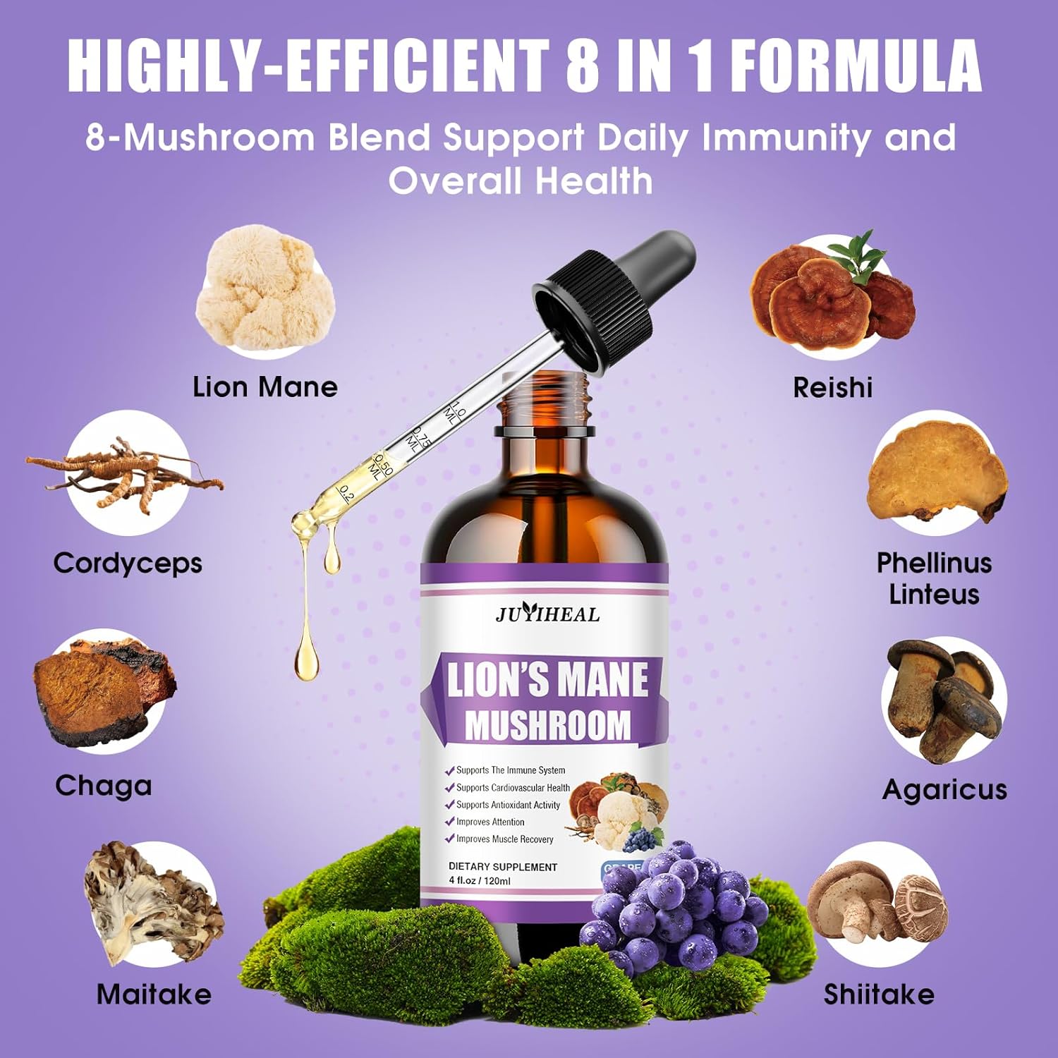 Lions Mane Liquid Supplement for Brain Support & Focus - Sugar & Alcohol-Free Tincture - 4 Fl OZ, Grape Flavor - 4 Month Supply