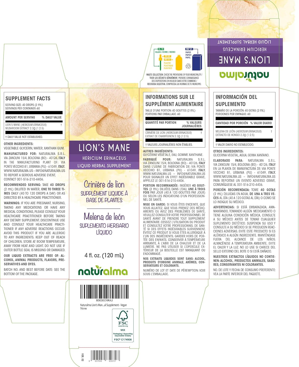 Lion's Mane Mushroom Alcohol-Free Tincture - 4 fl oz Liquid Extract Drops - Herbal Supplement Vegan Friendly