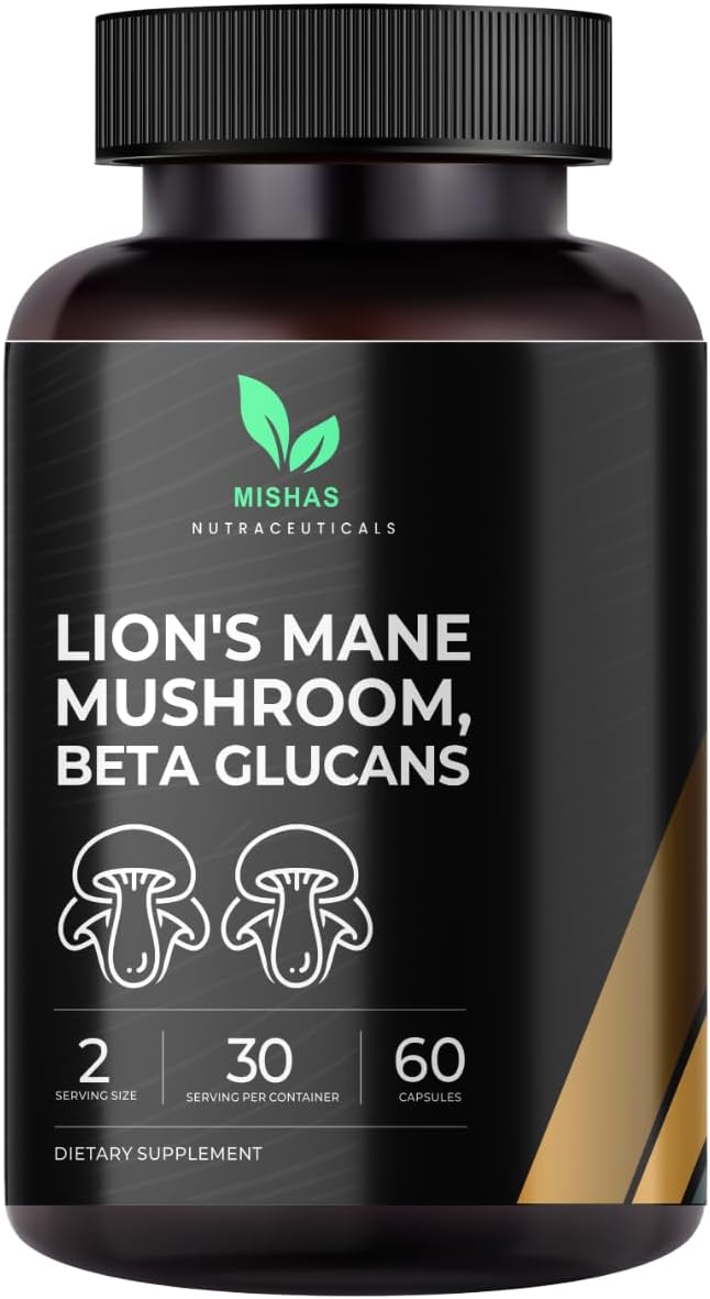 Lion's Mane Mushroom and Beta Glucans Supplement for Brain, Mood, and Immune Support - Vegan Capsules - Reduce Stress - 60 Count
