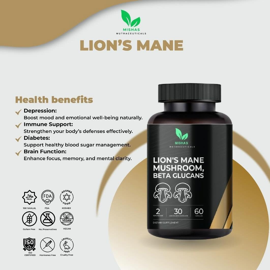 Lion's Mane Mushroom and Beta Glucans Supplement for Brain, Mood, and Immune Support - Vegan Capsules - Reduce Stress - 60 Count