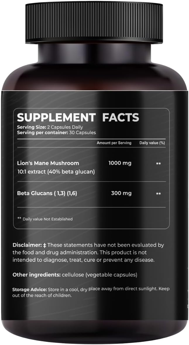 Lion's Mane Mushroom and Beta Glucans Supplement for Brain, Mood, and Immune Support - Vegan Capsules - Reduce Stress - 60 Count