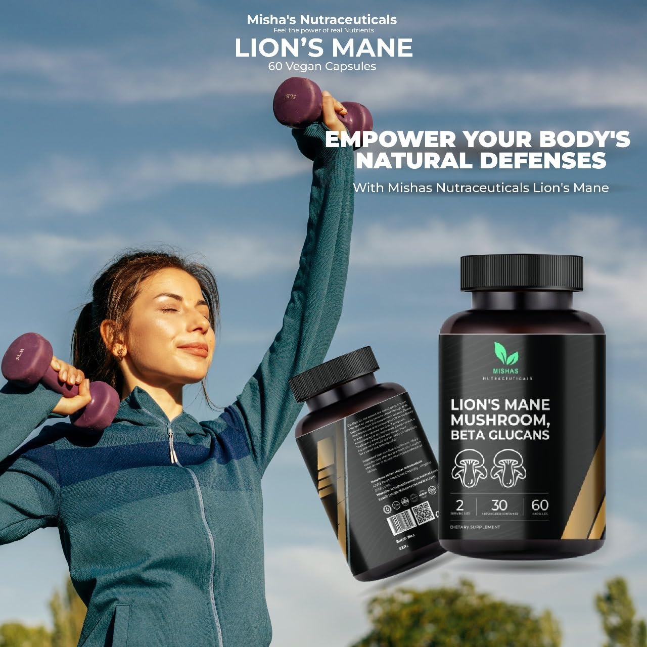 Lion's Mane Mushroom and Beta Glucans Supplement for Brain, Mood, and Immune Support - Vegan Capsules - Reduce Stress - 60 Count