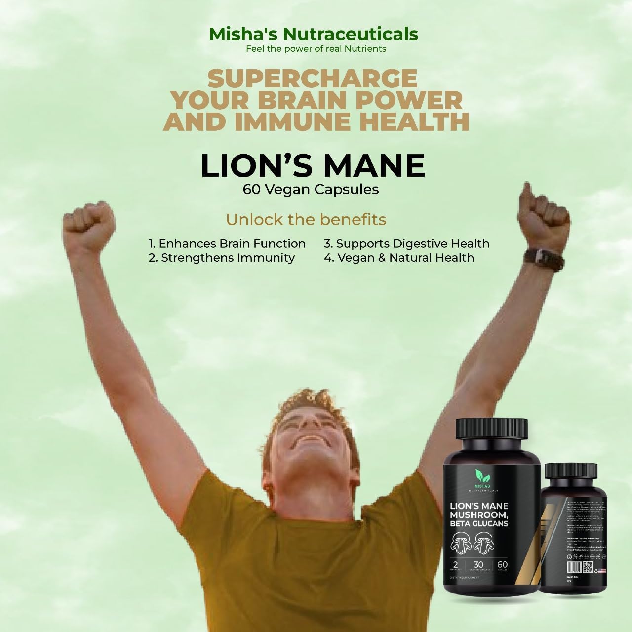 Lion's Mane Mushroom and Beta Glucans Supplement for Brain, Mood, and Immune Support - Vegan Capsules - Reduce Stress - 60 Count