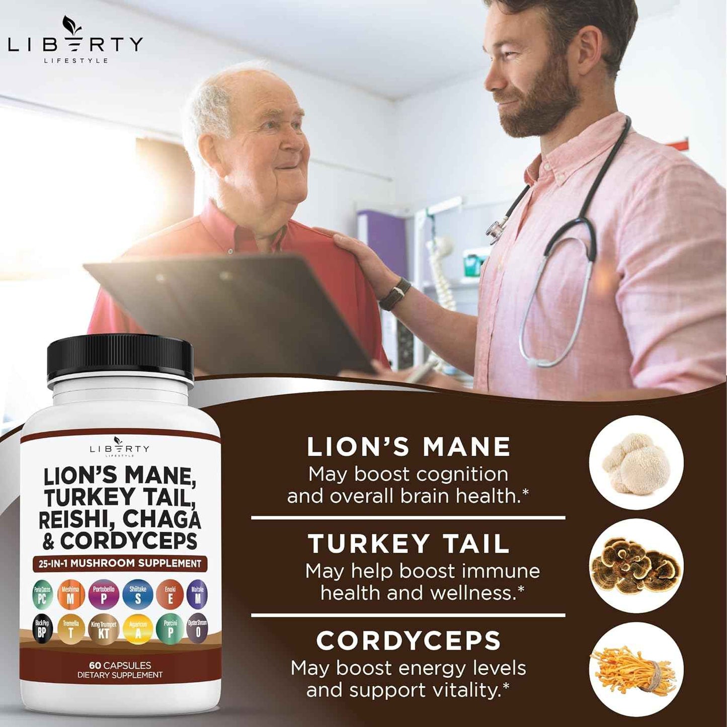 Lions Mane Mushroom Supplement with Turkey Tail Reishi Cordyceps Chaga with Marshmallow Root - 3-Pack