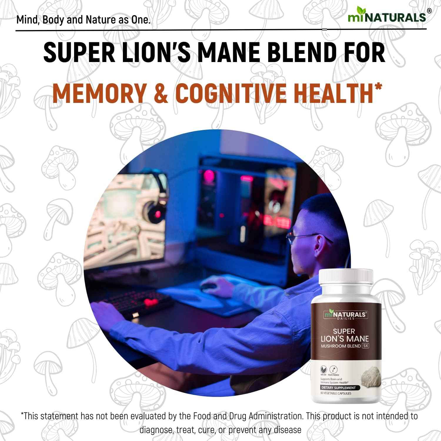 Lions Mane Supplement Capsules - 5 Mushroom Complex Helps with Immune System and Brain Health - Chaga, Reishi, Shiitake, Lions Mane, and Maitake Mushroom Extracts
