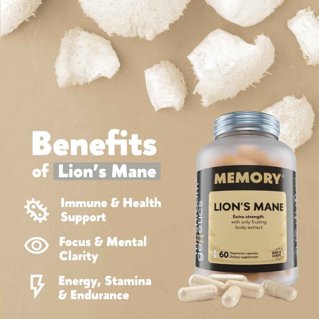 Lions Mane Supplement Capsules - Nootropic Mushroom Supplement for Brain, Memory & Immune Support | Fruiting Body Extract for Focus, Energy & Cognitive Wellness | 60 Vegan Capsules