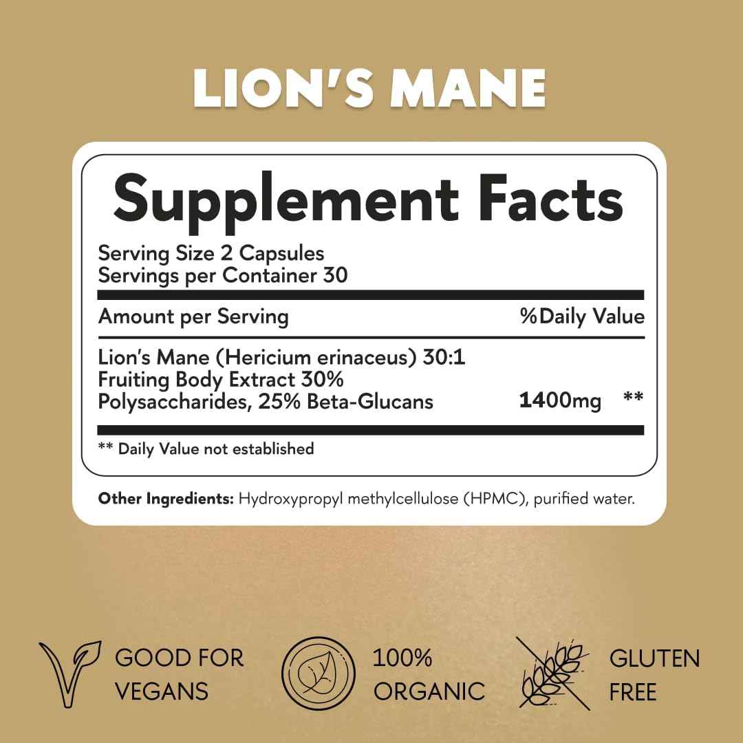 Lions Mane Supplement Capsules - Nootropic Mushroom Supplement for Brain, Memory & Immune Support | Fruiting Body Extract for Focus, Energy & Cognitive Wellness | 60 Vegan Capsules