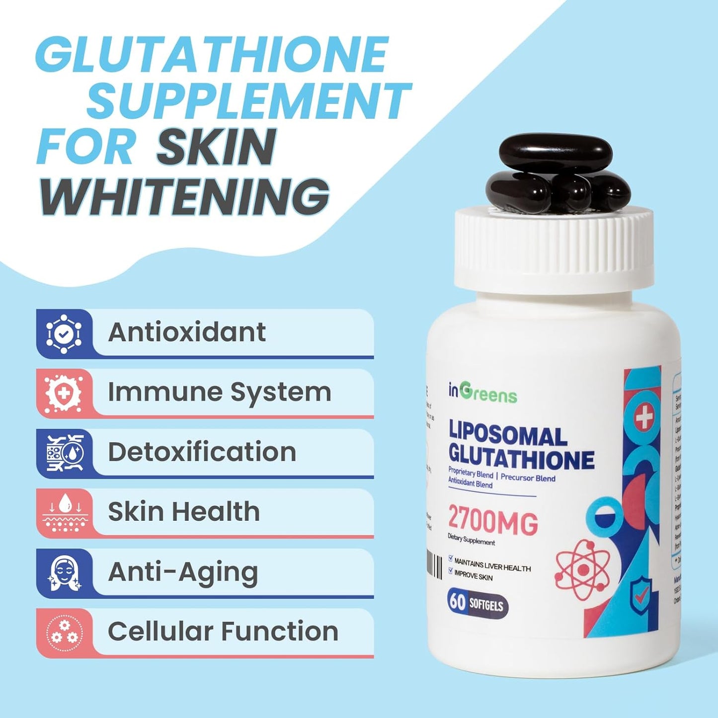 Liposomal Glutathione Supplement 2700 MG with Hyaluronic Acid & Resveratrol - Powerful Antioxidant for Healthy Aging - 60 Softgels