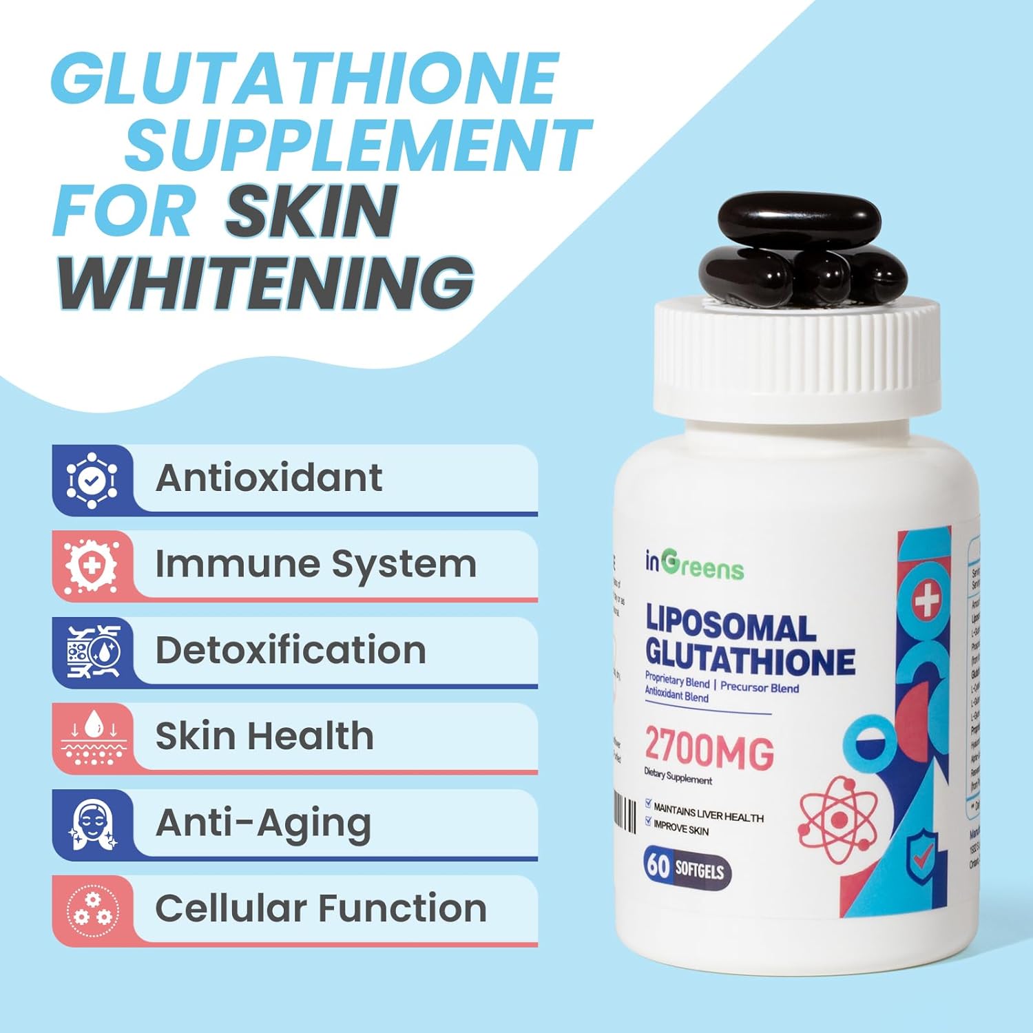 Liposomal Glutathione Supplement 2700 MG with Hyaluronic Acid & Resveratrol - Powerful Antioxidant for Healthy Aging - 60 Softgels