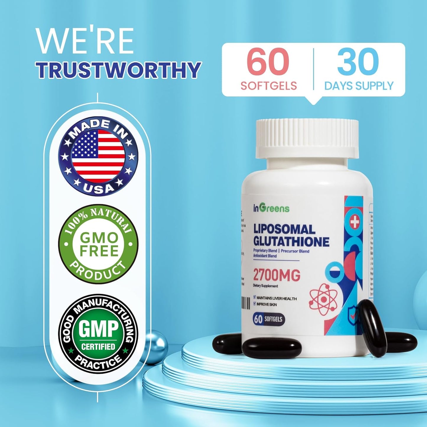 Liposomal Glutathione Supplement 2700 MG with Hyaluronic Acid & Resveratrol - Powerful Antioxidant for Healthy Aging - 60 Softgels