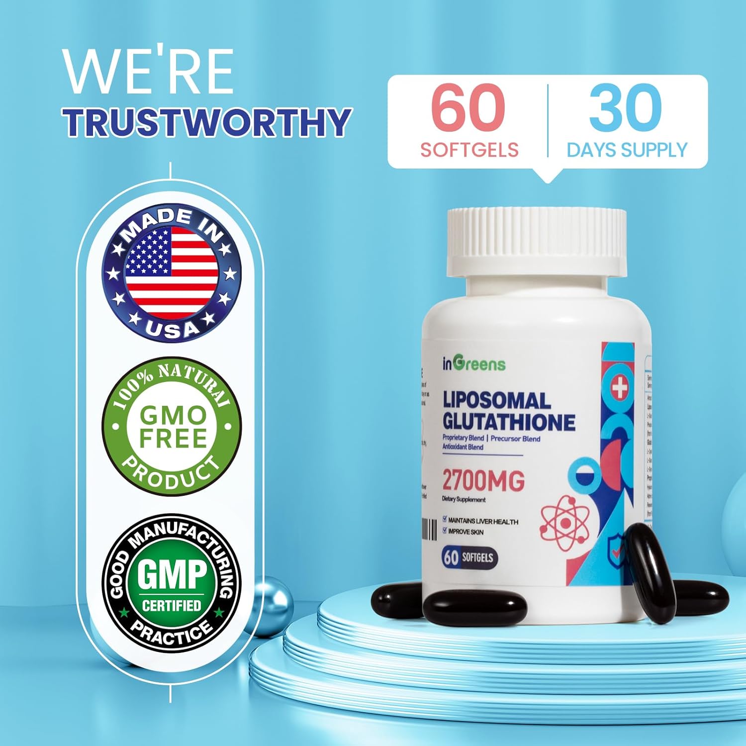 Liposomal Glutathione Supplement 2700 MG with Hyaluronic Acid & Resveratrol - Powerful Antioxidant for Healthy Aging - 60 Softgels