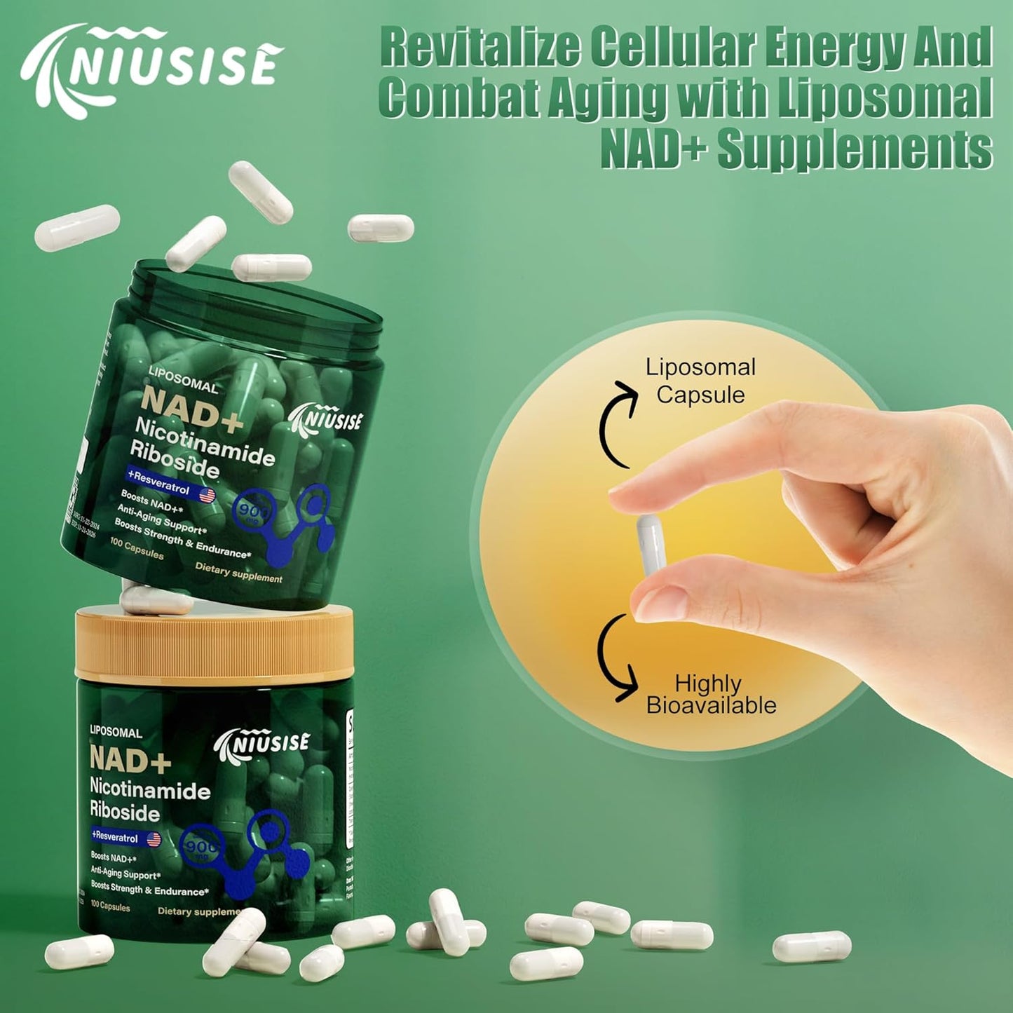Liposomal NAD+ Supplement with Resveratrol & Quercetin for Energy - 400 Capsules, 900mg NAD Nicotinamide Riboside for Men and Women