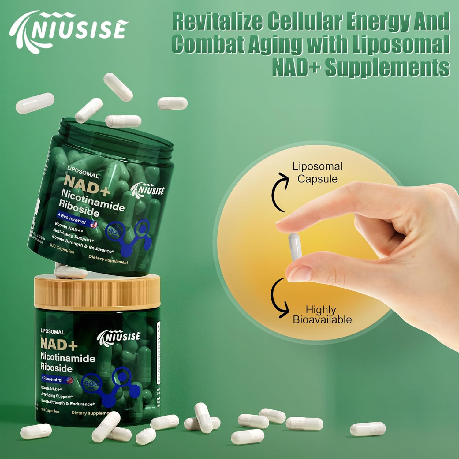 Liposomal NAD+ Supplement with Resveratrol & Quercetin for Energy - 400 Capsules, 900mg NAD Nicotinamide Riboside for Men and Women