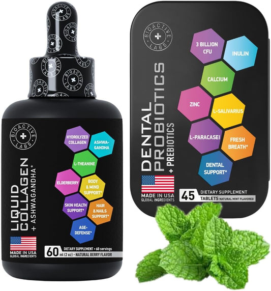 Liquid Collagen & Ashwagandha + Dental Probiotics Bundle for Beauty and Oral Health by BIOACTIVE LABS