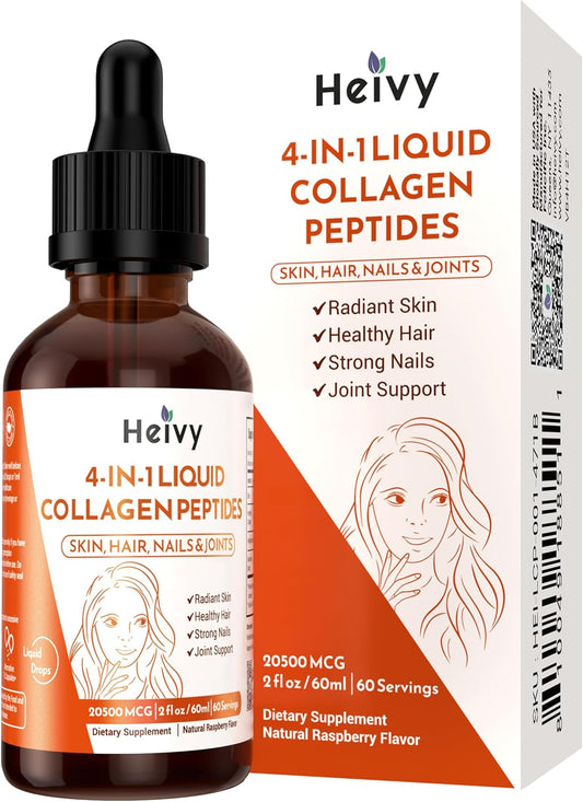 Liquid Collagen Peptides Drops for Radiant Skin, Hair, Nails, Joint Support - Raspberry Flavor - 2 fl oz