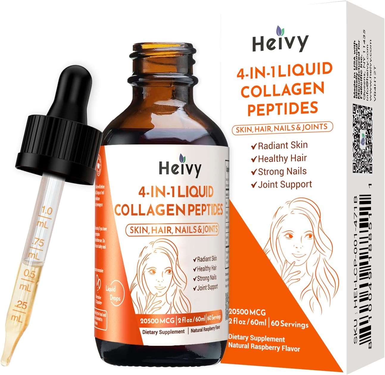 Liquid Collagen Peptides Drops for Radiant Skin, Hair, Nails, Joint Support - Raspberry Flavor - 2 fl oz