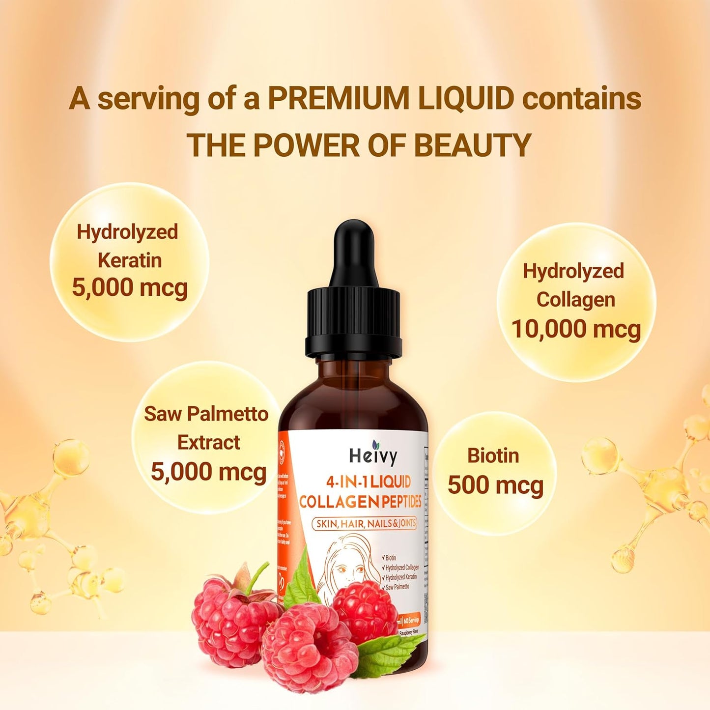 Liquid Collagen Peptides Drops for Radiant Skin, Hair, Nails, Joint Support - Raspberry Flavor - 2 fl oz