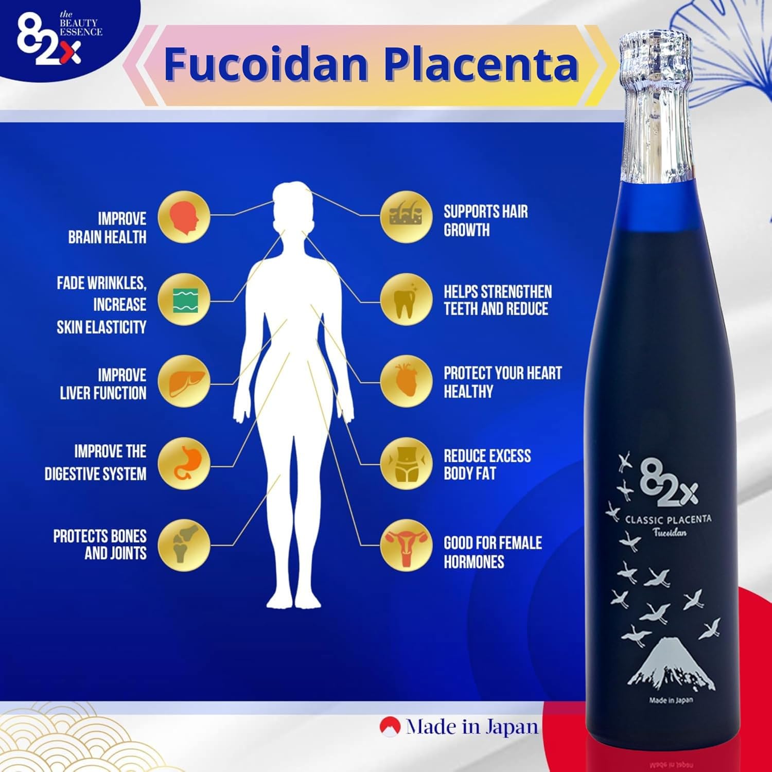 Liquid Collagen Placenta Drink with Marine Collagen Peptide - 450,000mg Placenta + 15,000mg Collagen - 82X Fucoidan Placenta Classic Supplement from Japan - Skin, Hair, Nail Support with 82 Fermented Plants