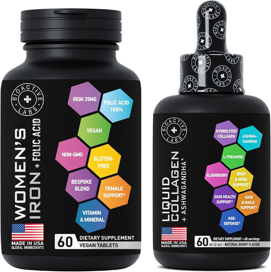 Liquid Collagen with Ashwagandha and Vegan Iron Supplements for Female Health Support
