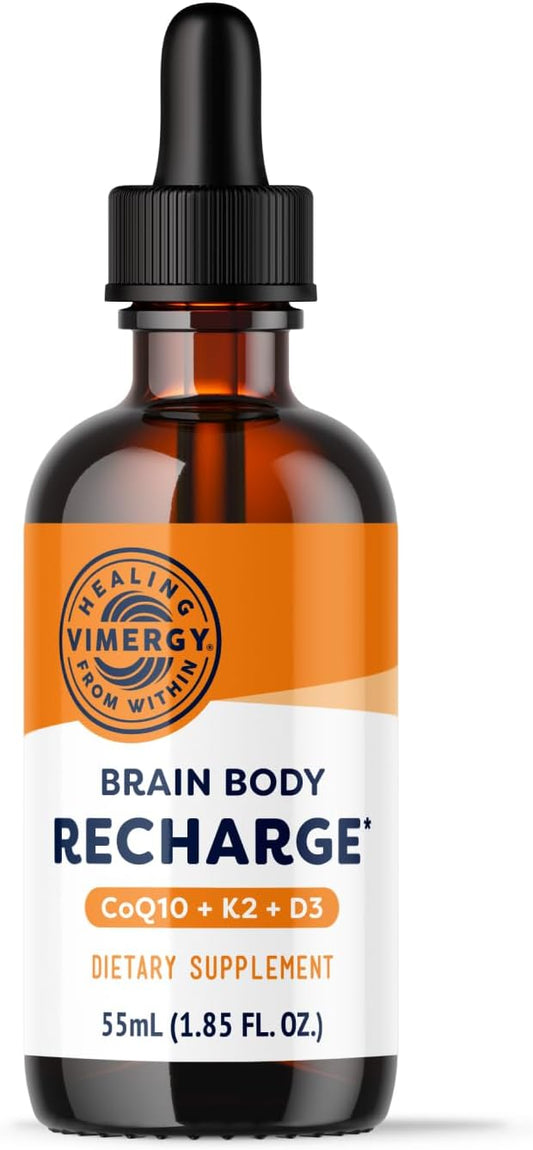 Liquid CoQ10 with Vitamin D3 & K2 for Energy Boost - Vimergy Brain Body Recharge™ - Coenzyme Q10 45mg, D3 1000IU, K2 180mcg - Supplement for Women, Men & Kids - Fights Fatigue
