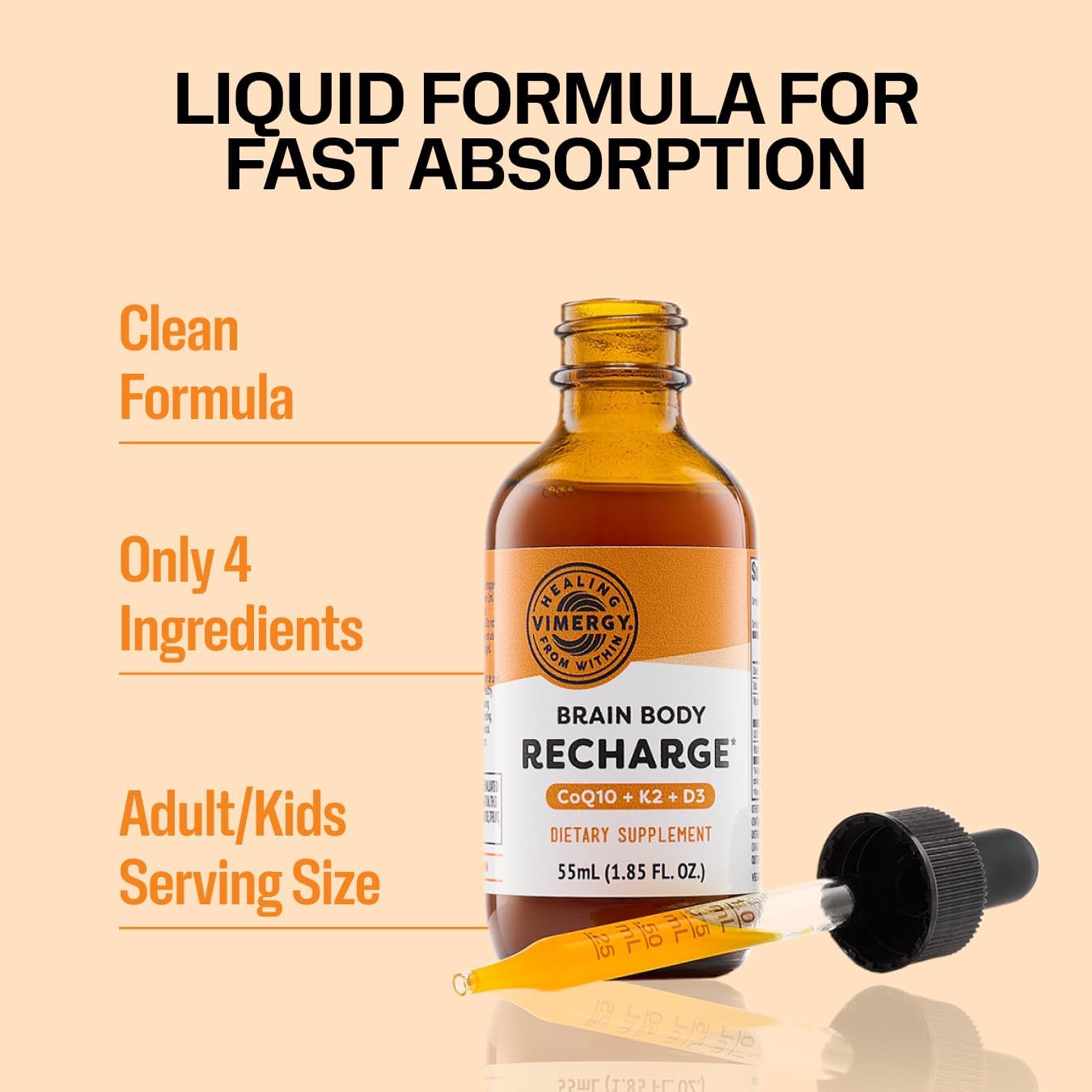 Liquid CoQ10 with Vitamin D3 & K2 for Energy Boost - Vimergy Brain Body Recharge™ - Coenzyme Q10 45mg, D3 1000IU, K2 180mcg - Supplement for Women, Men & Kids - Fights Fatigue