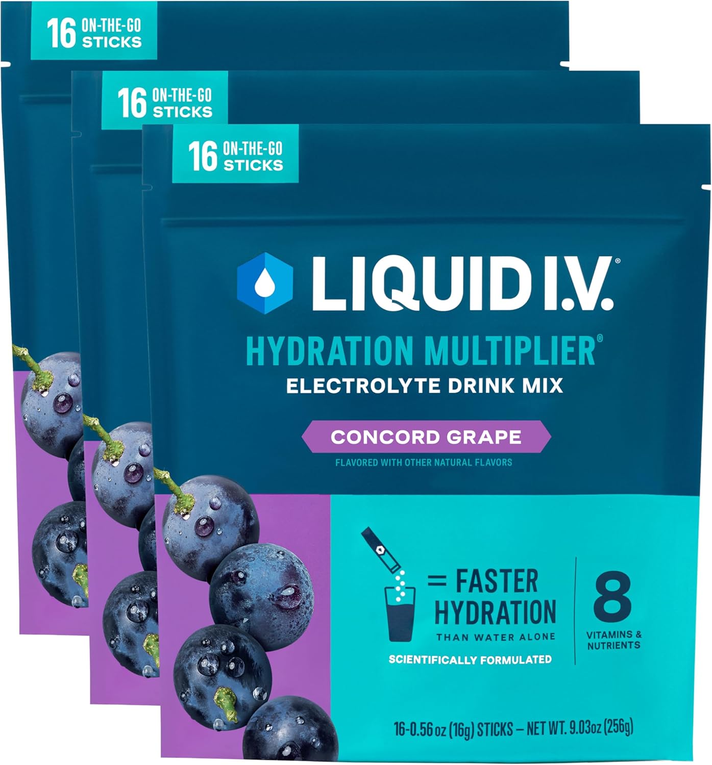 Liquid I.V.® Hydration Multiplier - Concord Grape Electrolyte Powder Drink Mix Pack of 3 - 48 Servings