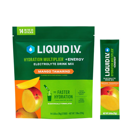 Liquid I.V.® Hydration Multiplier® +Energy Mango Tamarind Powder Packets - Electrolyte Drink Mix Sticks - Non-GMO - 14 Servings x 12 Pack