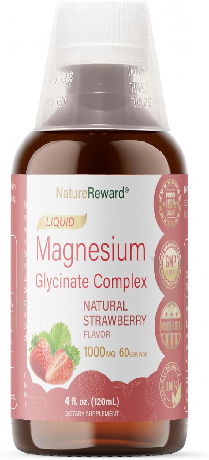 Liquid Magnesium Glycinate Supplement with Vitamin B1 & B6 - 1000mg, 60-Day Supply, Non-GMO, Strawberry Flavor - Vegetarian Formula for Adults - 4 fl oz