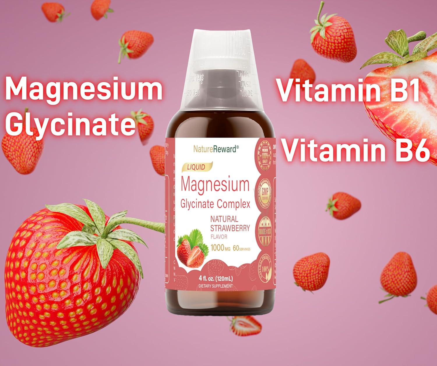 Liquid Magnesium Glycinate Supplement with Vitamin B1 & B6 - 1000mg, 60-Day Supply, Non-GMO, Strawberry Flavor - Vegetarian Formula for Adults - 4 fl oz
